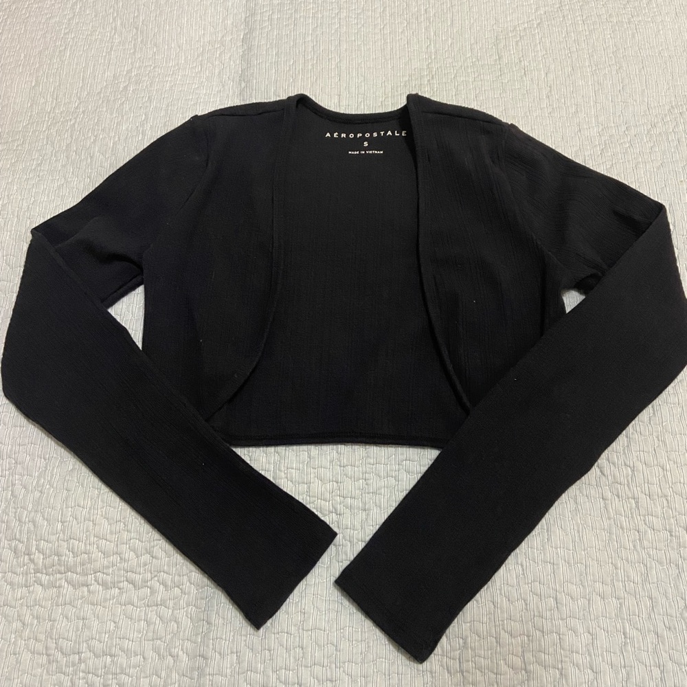 Areopostale Women's Cropped Black Ribbed Cotton Long Sleeve Sweater Size Small